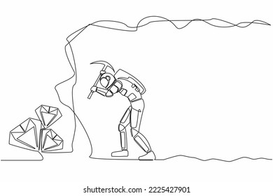 Single continuous line drawing of young astronaut digging with pickaxe in moon underground tunnel to get diamond. Cosmonaut deep space concept. Dynamic one line draw graphic design vector illustration