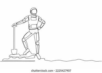 Single continuous line drawing of young astronaut standing and holding shovel on dug ground. Excited spaceman find treasures in dirt. Cosmonaut deep space. One line graphic design vector illustration