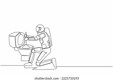 Single continuous line drawing young astronaut fix plumbing toilet leakage or clogging in moon surface. Plumber repair household tool. Cosmonaut deep space. One line graphic design vector illustration