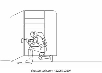 Single continuous line drawing young astronaut carpenter assembling of wardrobe or cabinet with shelves. Future home decoration. Cosmonaut deep space. One line draw graphic design vector illustration