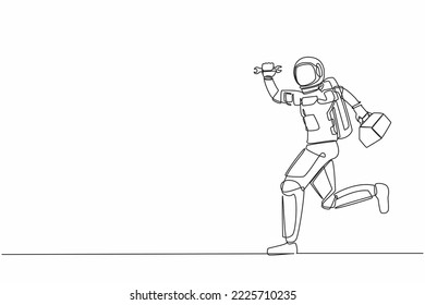 Single continuous line drawing young astronaut mechanic running with tool box in moon surface. Technical service on spaceship problem. Cosmonaut deep space. One line graphic design vector illustration