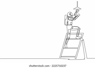 Single continuous line drawing young astronaut electrician on ladder change light bulb. Spaceman ability to repair operating system. Cosmonaut deep space. One line graphic design vector illustration