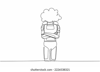 Single continuous line drawing of young astronaut with empty head and cloud instead. Thinking about spacecraft exploration idea. Cosmonaut deep space. One line draw graphic design vector illustration svg