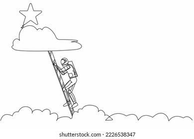 Single continuous line drawing young astronaut climbing ladder to reach out for star. Motivation to be success in moon spacewalk. Cosmonaut deep space. One line draw graphic design vector illustration