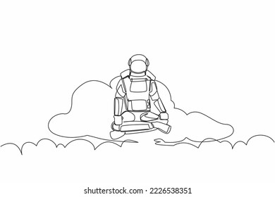 Single continuous line drawing young astronaut meditates and resting in yoga position on clouds. Relaxing after galactic expedition. Cosmonaut deep space. One line graphic design vector illustration