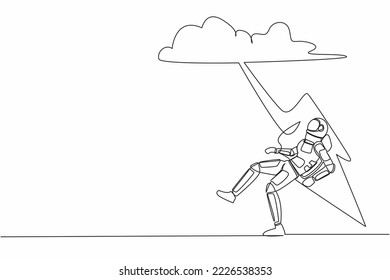 Single continuous line drawing young astronaut struck by lightning from dark cloud. Bad luck, misery, disaster in spacewalk discovery. Cosmonaut deep space. One line graphic design vector illustration