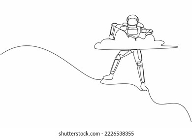 Single continuous line drawing young astronaut hang in clouds. Hoping for successful spaceship exploring or expedition project. Cosmonaut deep space. One line draw graphic design vector illustration