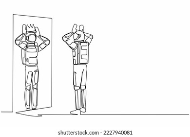 Single continuous line drawing young astronaut looking at mirror and seeing in reflection of himself with crown on his head. Cosmonaut deep space concept. One line graphic design vector illustration