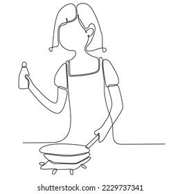 
Dibujo de una sola línea continua de cocina de joven cocinera en cocina de restaurante