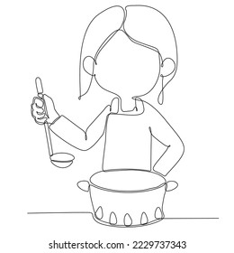 
Single continuous line drawing of young female chef cooking in restaurant kitchen