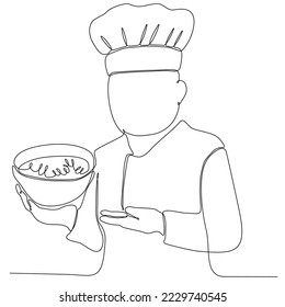 
Single continuous line drawing of young male chef serving food in restaurant