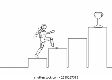 Single continuous line drawing of young astronaut run on graph staircase to get trophy. Way to achieve goal in spaceship exploration. Cosmonaut deep space. One line graphic design vector illustration svg