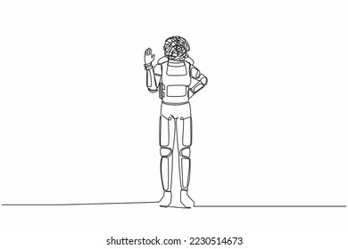 Single continuous line drawing of young astronaut with round scribbles instead of head, making stop gesture sign with hand, saying no. Cosmonaut deep space. One line graphic design vector illustration