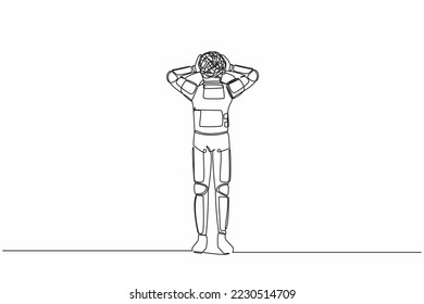 Single continuous line drawing of young astronaut with round scribbles instead of head. Confusion and mess feeling, stressed, problem. Cosmonaut deep space. One line graphic design vector illustration