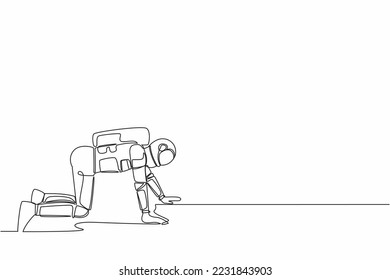 Dibujo de una sola línea continua de jóvenes astronautas arrastrándose desesperado en el suelo. Un hombre espacial frustrado después de un viaje en naves espaciales. Espacio profundo cosmonauta. ilustración vectorial de diseño gráfico de una línea