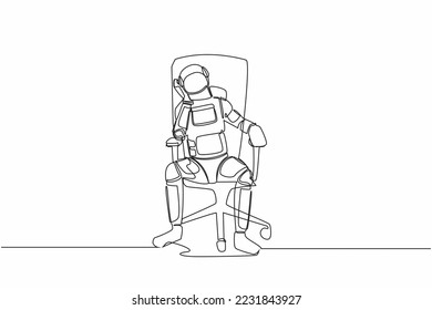 Single continuous line drawing young astronaut sitting at office chair  feeling stressed due to wormhole spaceship expedition failure  Cosmonaut deep space  One line graphic design vector illustration