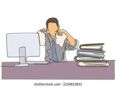 Single continuous line drawing of young mad stressful businessman tearing paper in his work desk at his office. Business project failure concept one line draw graphic design vector illustration