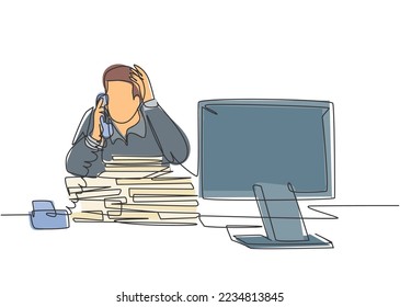 Single continuous line drawing of young bored male worker receiving phone call from customer behind stack of paper. Daily overload job at the office concept. One line draw design vector illustration