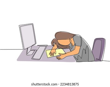 Single continuous line drawing of young tired female employee sleeping on the work desk with computer. Work fatigue at the office concept. Trendy one line draw design graphic vector illustration