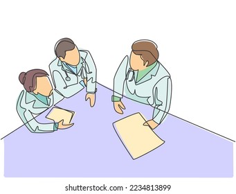 Single continuous line drawing of young male and female specialist doctor discussion about patient surgery plan. Medical healthcare service concept one line draw design graphic vector illustration