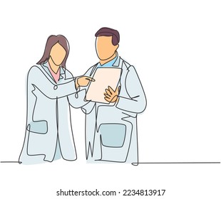 Single continuous line drawing of young male and female doctor discussing about health topic article on tablet. Medical healthcare service concept one line graphic draw design vector illustration