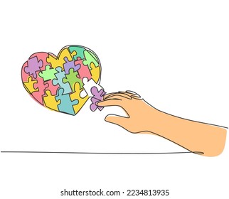 Single continuous line drawing of young happy woman put the puzzle pieces together to cute heart shape form. Romantic game of love concept. Modern one line draw design graphic vector illustration