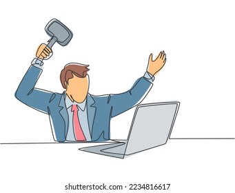 Single continuous line drawing of young madness businessman ready to smack his laptop using big hammer at the office. Business risk concept one line draw graphic design vector illustration