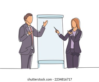 Single continuous line drawing of young happy male and female business coach speaking in front of the class. Coaching course and meeting concept one line draw design graphic vector illustration