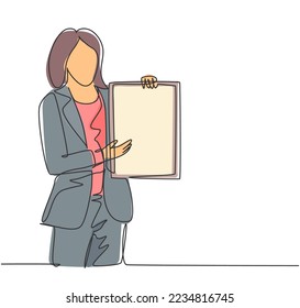 Single continuous line drawing of young female presenter presenting new product launch using tablet while meeting at the office. Work presentation concept one line draw design vector illustration