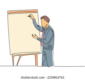 Single continuous line drawing of young business coach writing strategy to increase company growth on flip chart in front of class. Business coaching concept one line draw design vector illustration