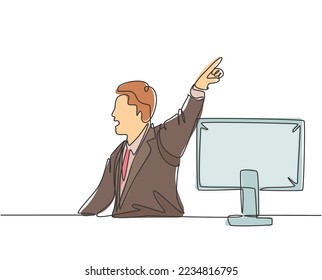 Single continuous line drawing of young angry manager yelling and pointing finger to staff. Anger management at office life concept. Modern one line draw design graphic graphic vector illustration