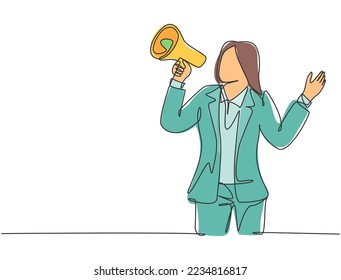 Single continuous line drawing of young angry businesswoman shouting loudly using megaphone to train her speak. Public speaking practice concept one line draw graphic design vector illustration
