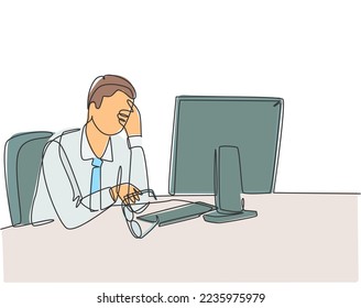Single continuous line drawing of young tired male employee holding the glasses while working in the office. Work fatigue after job overload concept one line draw design vector graphic illustration