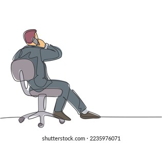 Single continuous line drawing of young businessman sitting on work chair while receive a call from his partner from back view. Business talk concept. One line draw design vector illustration graphic