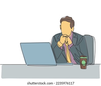 Single continuous line drawing of young male worker sitting and thinking seriously in front of computer screen at the office. Work focus concept one line graphic draw design vector illustration