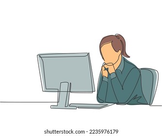 Single continuous line drawing of young female manager sitting calmly in front of laptop and thinking business strategy at the office. Business idea concept one line draw design vector illustration
