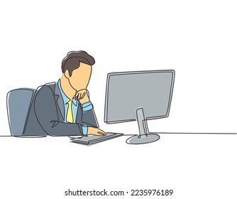 Single continuous line drawing of young male manager sitting on his chair and thinking seriously watching the computer screen. Business analyze concept one line draw design vector graphic illustration