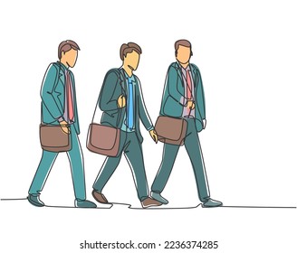 Single continuous line drawing of young male employees talking and walking together on city corridor to go to the office. Walking together on street concept one line draw design vector illustration