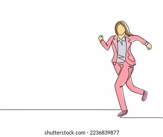 Single continuous single line drawing of young woman urban commuter worker running in rush at city road to get to the office on time. Employee in hurry concept one line draw design vector illustration
