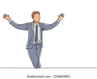 Single continuous single line drawing of young happy male manager running and open his hands after cross the finish line. Business race competition concept one line draw design vector illustration