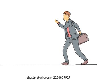 Single continuous single line drawing of young happy male urban commuter running in rush at city street to get to the office on time. Commuter worker concept one line draw design vector illustration