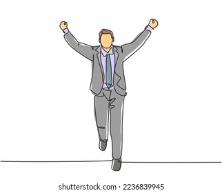 Single continuous single line drawing of young happy male manager running and open his hands after cross the finish line. Business race competition concept one line draw design vector illustration