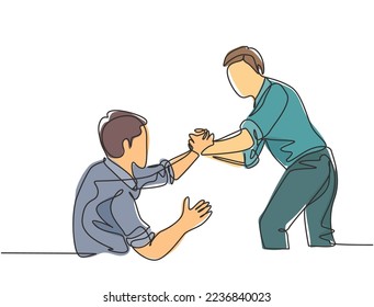 Single continuous line drawing of young happy businessman help to pull out his colleague from failure and rising again. Trendy teamwork support concept one line draw design vector graphic illustration