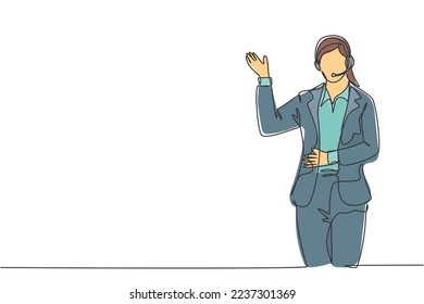 Dibujo continuo de una joven y feliz consultora dando un discurso a la audiencia en la oficina. Concepto de presentación de altavoces públicos de moda diseño de una línea dibujo gráfico vectorial