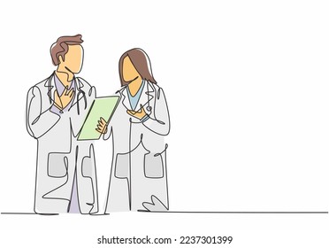 Single continuous line drawing of young male and female doctors talking and discussing patient medical record. Medical health workers service concept one line draw design graphic vector illustration