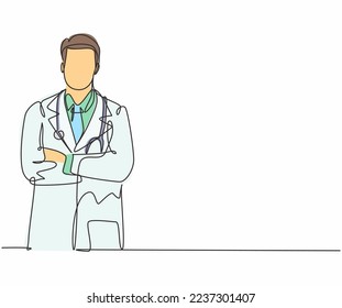 Single continuous line drawing of young happy male doctor pose standing manly cross his hand on chest. Medical health care service workers concept one line draw design vector graphic illustration