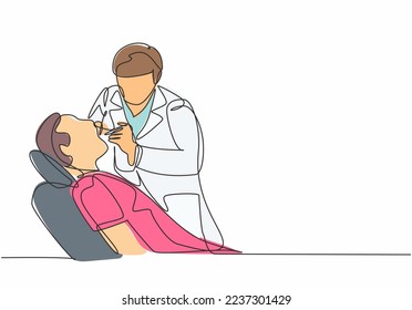 Single continuous line drawing of young male dentist examining patient teeth condition and doing tooth filling. Medical health care service workers concept one line draw design vector illustration