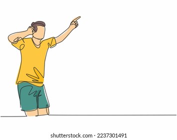 Single continuous line drawing of young sporty football player holding his ears with hands on field after scoring goal. Match soccer goal celebration concept one line draw design vector illustration