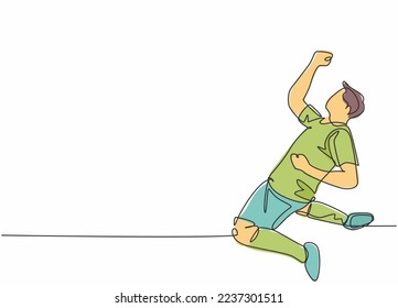 Single continuous line drawing of young sporty football player punching his fist hands up to the air on the field. Match soccer goal celebration concept one line draw design vector illustration