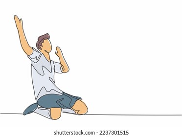 Single continuous line drawing of young sporty soccer player raises his hands up on the field after scoring. Match soccer goal celebration concept one line draw design graphic vector illustration